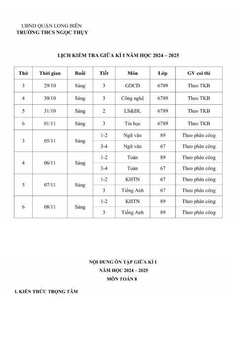 Ôn tập giữa kì 1 Toán 8 năm 2024 – 2025 trường THCS Ngọc Thụy – Hà Nội